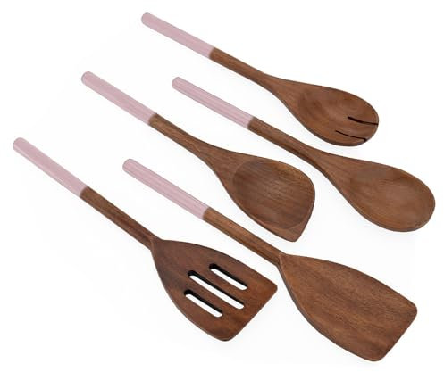 Chef Pomodoro - Kit 5 Pièces Ustensiles De Cuisine en Bois (30,5 Cm) - Cuillères, Spatules et Palettes Antiadhésifs Résistants et Durables (Rose)