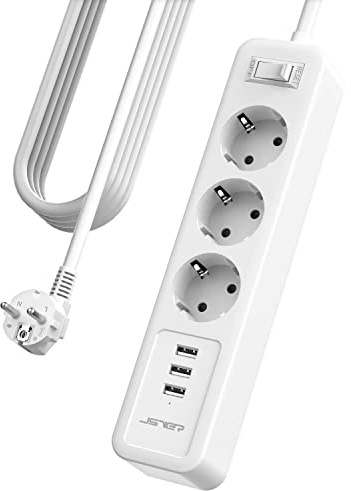 JSVER Grenuttag 3-vägs med 3 USB-laddningsportar, Flera Uttag 5M Väggmonterad Grenuttag (3680W 16A) USB med Switch för Smartphones, Bärbara Datorer, iPAD-Vit