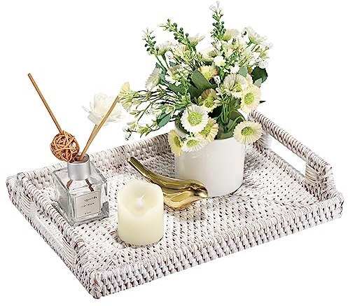 IGNPION Rattan-Serviertablett für Zuhause, Badezimmer, Gästehandtuch, Tablett, dekoratives Tablett, gewebter Tisch, Aufbewahrungstablett mit Griff, Tisch, Ornament (30 cm, weiß gewaschen)