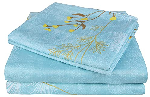 JSD Blue Floral Print Sheet Set Full Size Double Bed, 4 Piece Soft Botanical Microfiber Sheets Extra Deep Pocket Wrinkle Free
