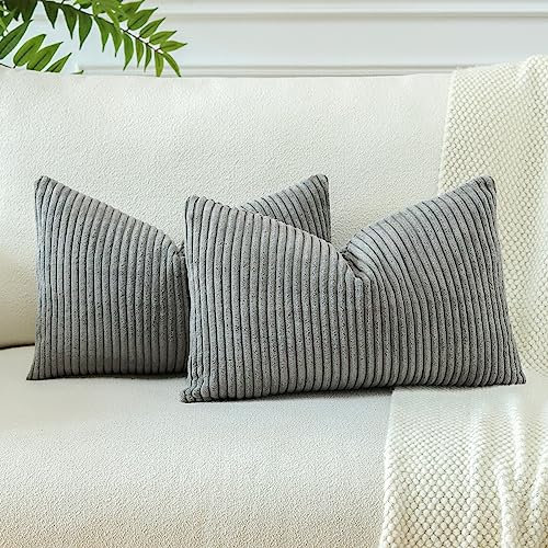 JOTOM Set of 2 Soft Corduroy Striped Cushion Covers 30x50 cm Boho Decorative Throw Pillow Covers Lumbar Cushion Case Couch Home Decor Pillowcases for Sofa Bedroom 12x20 Inch (Grey)