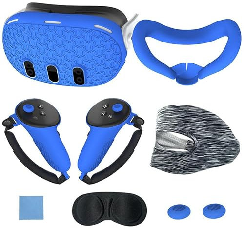 BeisDirect 7-Piece Set for Meta Quest 3 Accessories, Quest 3 VR Silicone face Cover, VR Shell Cover, Quest 3 Touch Controller Grip Cover, Protective Lens Cover, Disposable Eye Cover (Blue)