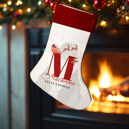 Transparent Gift Calcetín de Navidad Personalizado con Nombre, Inicial. Calcetines Navideños Personalizados. Bota Chimenea. Bolsa Dulces Infantil para Rellenar. Decoración Navideña. Regalos Originales