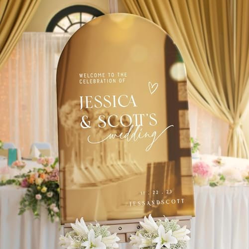 Pahdecor Cartello di benvenuto per matrimonio, personalizzato, a specchio, dorato, stile minimalista, in acrilico, varie dimensioni (oro)