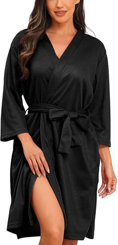 Lovasy Leichter Bademantel Waffelpique Damen 3/4 Ärmel Saunamantel Waffelstrick Morgenmantel Weich Knielang Loungewear mit Gürtel Taschen