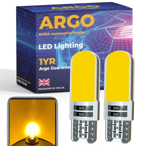 Argo 501 Led Bulbs Cob Amber T10 Yellow W5w Bulbs 12v | 194 168, Number Plate Light, Car Van, Wedge, Bright Upgrade Side Indicator Light, Footwell Courtesy Dome Map Boot Interior