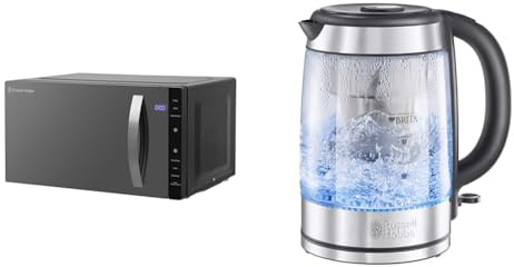 Russell Hobbs RHFM2363B 23 L 800 W Black Digital Flatbed Solo Freestanding Microwave & Brita Filter Purity Glass 1.5L Electric Cordless Kettle for cleaner, clearer water