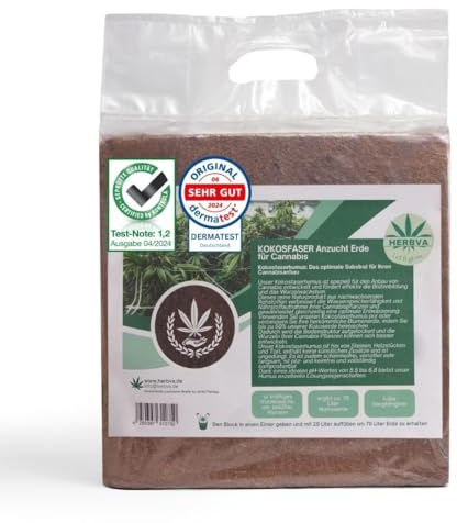 Cannabis Anbau Erde - Herbva Grow 70L (5kg) | Hochwertige Kokosfaserhumus für Indoor & Outdoor, Hanferde, Professioneller Growmix | Ideal für Hanf & Cannabis Anbau | Bio Hanf Erde | Growerde Hanf