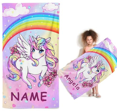 KIDSLOVE Personalisiert Einhorn Strandtuch Mit Namen, Cartoon Einhorn Handtuch mit Namen Badetuch für Jungen, Mikrofaser Strandtuch Groß 90x180cm Badetuch Handtuch für Strand (60 x 120 cm,1)