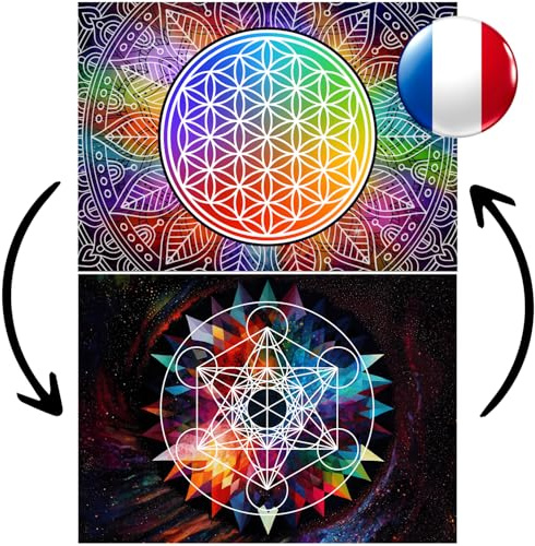 Flor de vida para rellenar piedras (Recto) y cubo de Metatron (Verso) – Tamaño A4 – 1 tabla única laminada e impresa en Francia, creada por un artista francés