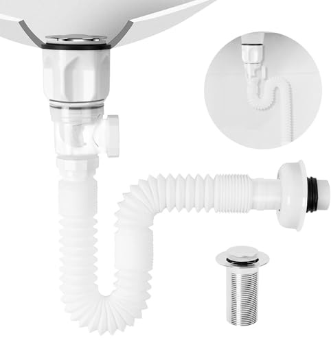 Palmcee Siphon Waschbecken, Siphon für Küchenspüle mit Flexiblem Ablaufschlauch, Waschbecken Ablaufgarnitur, Geruchsdichter Flexibler Siphon, Austauschbarer Abwasserrohr, Dehnbar 320-780 mm