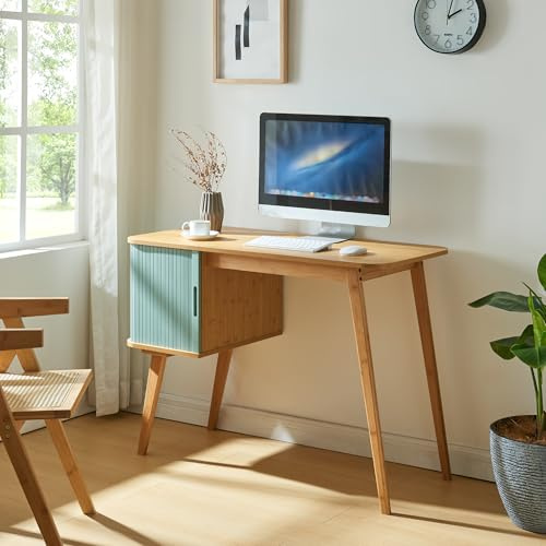[en.casa] Scrivania con Armadietto e Anta Scorrevole Tavolo da Ufficio con Scomparti Chiusi Piano Rettangolare Postazione di Lavoro PC in Bambù 75 x 105 x 48 cm - Naturale/Azzurro