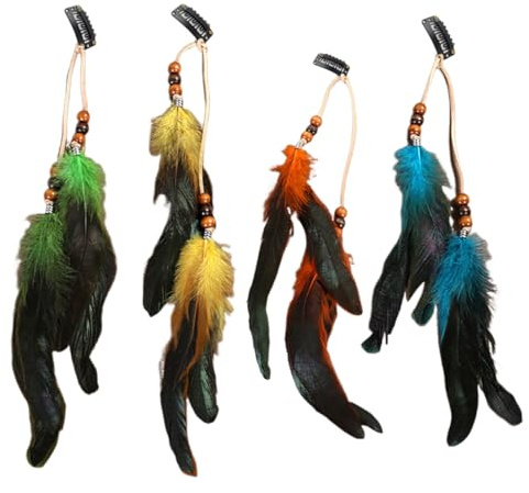 JEXOWIQ 4pcs Kopfschmuck Haarverlängerung mit Federn, Federn Haarextensions,Boho Haarschmuck für Faschingskostüm Karneval Halloween Verkleiden Damen Cosplay Haardeko Zubehör Bunt Feder Haarspangen