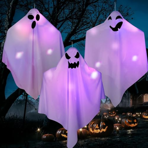 3 Stück Halloween Deko Outdoor, Geist Windsäcke mit Bunt LED Lichtern, Stehen Hängen 2in1 Ghost Windsack Hängende Halloween Dekoration für Kinder Garten Horror Outdoor Party