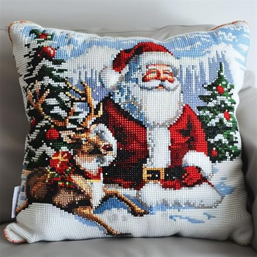 Kitquiver Knüpfkissen Set Weihnachten Knüpfset für Erwachsene (43X43cm) Bastelset Knüpfen Kissen Bastelset Knüpfen Handwerksset Kissen DIY Bastelset für Anfänger für die Sofa-Heimdekoration