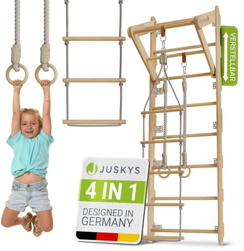 Juskys Sprossenwand für Kinder - mit Klimmzugstange, Indoor Klettergerüst mit Turnringen und Strickleiter, Kletterwand fürs Kinderzimmer, Turnstange