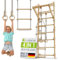 Juskys Sprossenwand für Kinder - mit Klimmzugstange, Indoor Klettergerüst mit Turnringen und Strickleiter, Kletterwand fürs Kinderzimmer, Turnstange