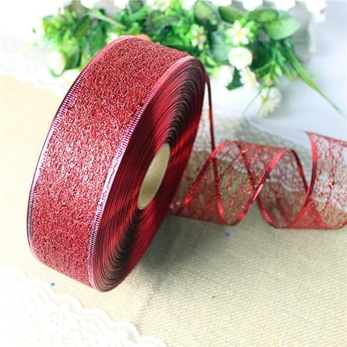 SYSUII 1 Rollen Weihnachts Netzband, 5cm x 10m Geschenkband mit Draht Weihnachtenband Schleifenband Drahtband Glitzer Dekoband für Weihnachtsbaum Kranz DIY Kunsthandwerk Geschenkverpackung -Rot