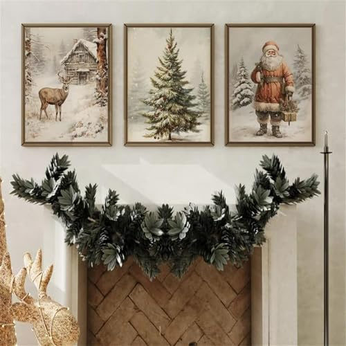 Uixxducc 3er Weihnachten Premium Poster Set, Vintage Elch Weihnachtsmann Weihnachtsbaum Winterlandschaft Wandbilder Kunstdrucke Leinwand Bilder Wohnzimmer & Schlafzimmer, Ohne Rahmen (50x70cm)
