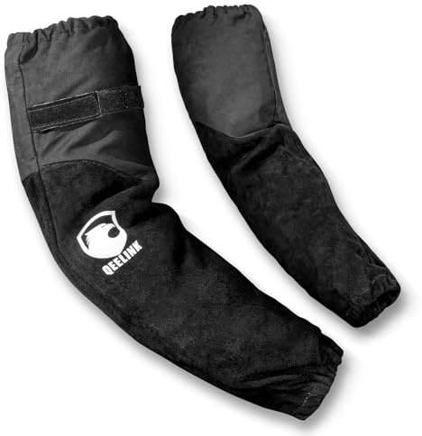 QeeLink Schweißer Ärmel aus Leder für Männer und Frauen - Hitzebeständiger, Flammenbeständiger Schweißerstulpen Genäht aus Kevlar mit Baumwollfutter (Mittelgroß, Schwarz)