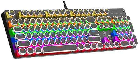 Mechanische Gaming-Tastatur mit Regenbogen-Licht, rote Schalter, 104 Tasten, Retro-Tastenkappe, kabelgebundene Schreibmaschine-Stil, komfortables Tippen (schwarze LED)