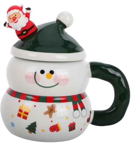 MAGICLULU Schneemannformige Weihnachtstasse Aus Keramik Mit Deckel Und Passendem Löffel Für Heiße Getränke Wie Kaffee Tee Oder Schokolade Für Winterfeiern Und Täglichen Gebrauch
