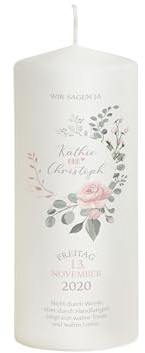 Liamoria® Hochzeitskerze rosa Rose mit Namen, Datum und Spruch - Modell Kathie - Wunderschöne Dekoration zur Hochzeit (20 x 8 cm)