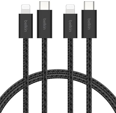 Belkin 2er-Pack geflochtenes USB-C Ladekabel mit Lightning Connector 1,5 m, biegsames, flexibles Schnellladekabel, Lightning kabel für iPhone 14 und ältere Modelle, iPad 9. Gen. und AirPods – Schwarz