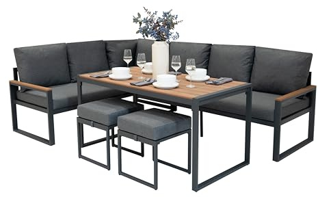 Hörnsoffset i Aluminium 7-sits | Träeffekt | Soffa + 2 Pallar + Bord med Härdad Glasskiva + Vattentät Överdrag | Tvättbara Dynor, Modern och Hållbar Design för Trädgård, Terrass, Uterum