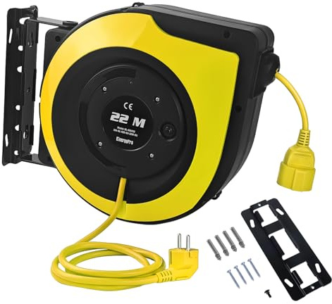 EnergyPro Automatische Kabeltrommel 22m, 2300W, wandmontierbar mit TÜV-Prüfung & Montage-Set – Kabeltrommel Outdoor für Garten, Werkstatt und Garage