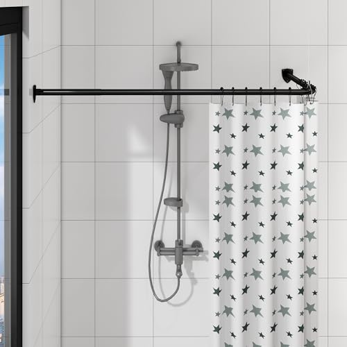 Duschvorhangstange L Form, Verstellbare Duschstange Ecke, Duschvorhang Halterung mit 12 ringen & Deckenstütze für Badewanne/Badezimmer, Bohr-Montage Erforderlich (Schwarz, 100-175cm x 140-214cm)