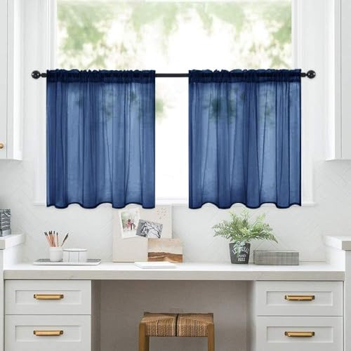 Highdi Tende Cucina con Tasca Tinta Unita, 2 Pezzi Tendine Cucina Tendina, Tende per Finestre Piccole per Soggiorno, Casa in Stile Rustico,Tendina da Bistro (Blu navy,L132 x A46 cm)