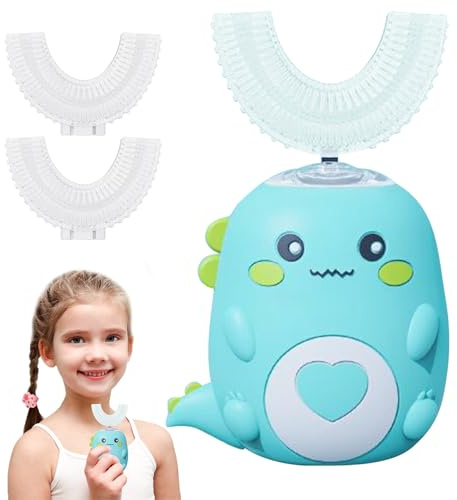 Elektrische ZahnbüRste Kinder Mit 3 U-FöRmigen Silikon-BüRstenköPfen,Cartoon-Design, ZahnbüRste Baby,Automatische Zeitmessung,2 Geschwindigkeiten,Usb-Ladung,Dinosaurier-Design (Grün & 2-6 Jahre Alt)