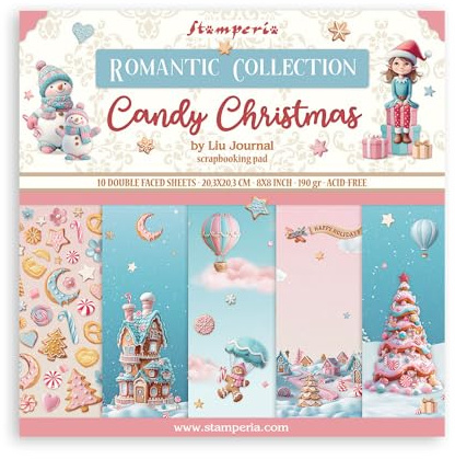 Stamperia - Scrapbook Paper Pad for Scrapbooking, Albums, Card Making, Bullet Journalling and More, Acid Free, Double-Sided, Perfect for Hobbies, Crafts, and Gifting (Candy Christmas) (20.3 x 20.3cm)
