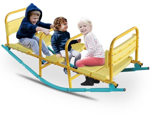 Kinderwippe，3 Sitzer Schaukelwippe, Gartenwippe bis 135 kg belastbar, Kinder Wippe In- und Outdoor, Karussellwippe für Kinder ab 3 Jahren, Gelb/Blau