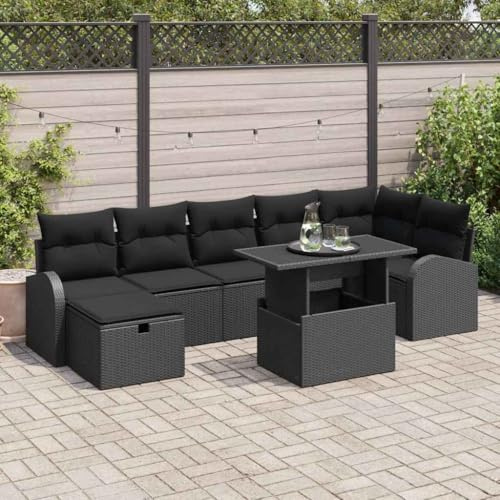 Bucmath Garten Loungeset, 8-teiliges Poly Rattan Sofa-Set Schwarz mit Kissen, modular, wetterfest, Verstellbarer Tisch, 7 Sitzplätze