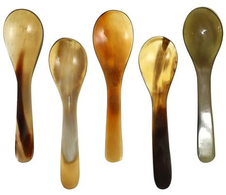 ARTSEWPLY Set 5 Cucchiaini da Caffè Vintage in Corno di Bue Naturale, Cucchiai da Dessert e Tè, Manico Ergonomico per Uso Quotidiano e Servizio Chic