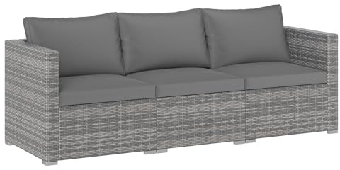 COSTWAY Trädgårdssoffa med kudde, 3-sitsig loungesoffa, rotting, loungemöbler utomhus, trädgårdslounge, trädgårdsmöbler, terrassmöbler, balkongmöbler, väderbeständig, 193 x 67 x 61,5 cm (grå)