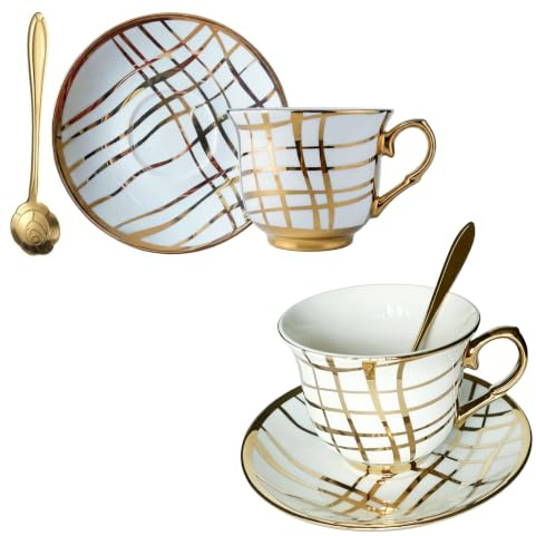 Cappuccino Tassen Set 2er mit Untertassen und Löffel 200ml,Moderne Kaffeetassen aus Porzellan mit Goldlinien Muster, Luxus Kaffeeservice Keramik Tassenset für Milchkaffee Latte Art, Moderne Teestunde
