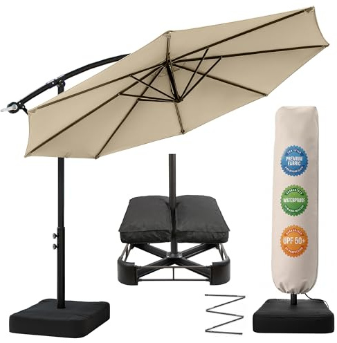 OLILAWN Sonnenschirm mit Ständer, 300 cm Ampelschirm mit Kurbel, für Balkon, Terrasse & Garten, Sonnenschutz, Gestell & Ständer aus Alu, UV-Schutz, wasserdicht + Windfest, 360° Funktion+ Schutzhülle