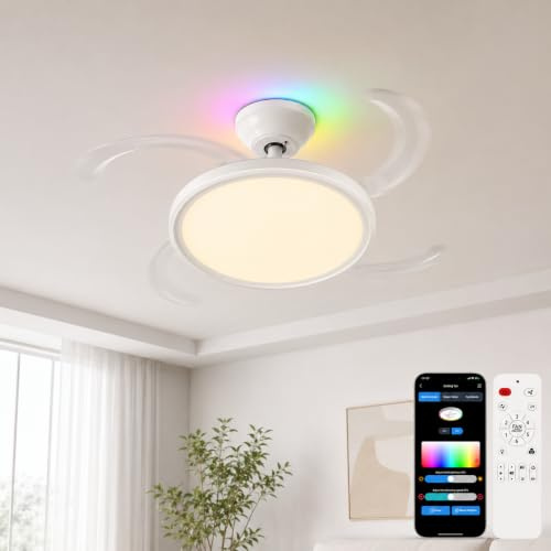 Deckenventilator mit Beleuchtung Ø50 cm, Ø105 cm Spannweite im Betrieb, Deckenlampe mit Ventilator, RGB Hintergrundbeleuchtung, 3000K-6500K Dimmbar, 6 Geschwindigkeiten, APP & Fernbedienung, Leise