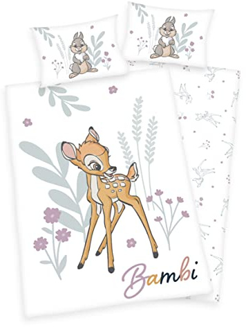 Arle-Living 3 TLG. Baby/Kinder Bettwäsche Motiv: Bambi - renforcé 100x135 cm + 40x60 cm + 1 Spannbettlaken 70x140 cm - 100% Baumwolle