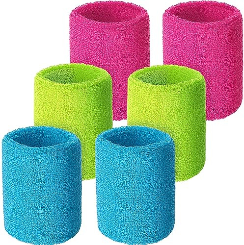 Willbond 6 Pcs Wrist Sweatbands Sports Wristbands for Competitions Absorbent Sweatbands for Basketball Tennis Football Running Working(Neon Pink, Neon Green, Sky Blue)