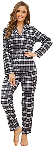 Mnemo Home dam pyjamas lång flanell pyjamas dam 100 % bomull av flanell, svart, M