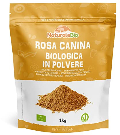 NaturaleBio Rosa Canina Cruda Biologica in Polvere 1Kg. Naturale e Pura da Bacche di Rosa Canina Bio, Cinorrodo macinato intero. Ricca di Vitamina C, ideale per Infusi, Tisane e Frullati.