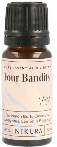 Nikura Four Bandits Essential Oil Blend - 10ml | Made with Cinnamon, Clove Bud, Eucalyptus, Lemon & Rosemary | Great for Aromatherapy, Diffuser, Decongestant, Cleaning | Vegan & UK Made