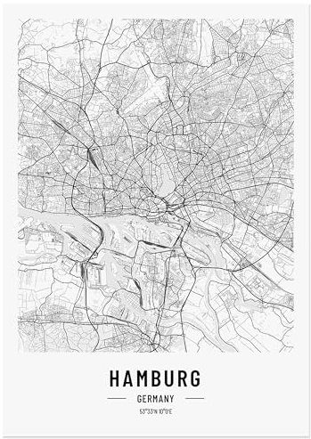 JUNOMI® Hamburg affisch DIN A2 svart vit, DIN A2 vardagsrumsdekoration, modern väggmålning, Hamburg-bild, väggmålning utan ram, stadskarta affisch Hamburg, perfekt presentidé för Hamburgare