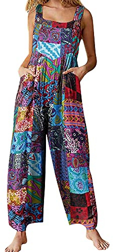 Acrawnni Hängselbyxor för kvinnor vintage blommigt tryck lös ledig säckig ärmlös overall lång overall lekdräkt byxor sparkdräkt, En blå, M