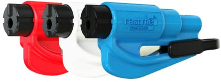 RESQME La herramienta original para llavero de escape de emergencia de automóvil, cortador de cinturón 2 en 1 y rompevidrios, fabricado en EE. UU., paquete de 3, Rojo, Blanco, Ajul