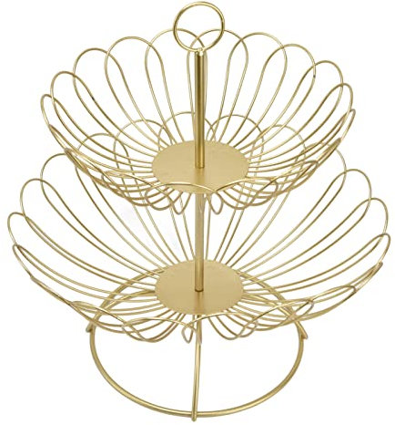 Gold Fruit Basket, 2 Tier Gold Fruit Bowl, Scratch-Resistant Geometric Iron, Large Capacity for Home Decoration;